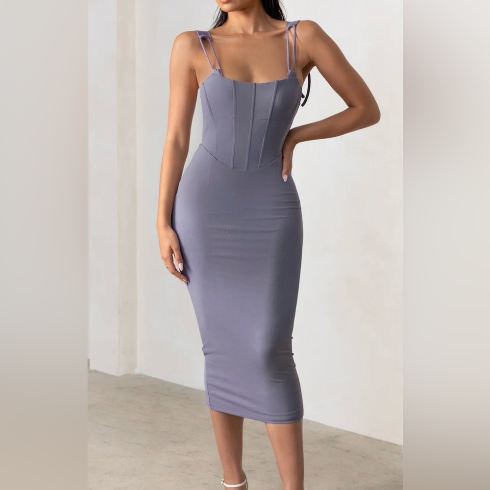Club L London Charming Dove Grey Square Neck Corset Midi Dress